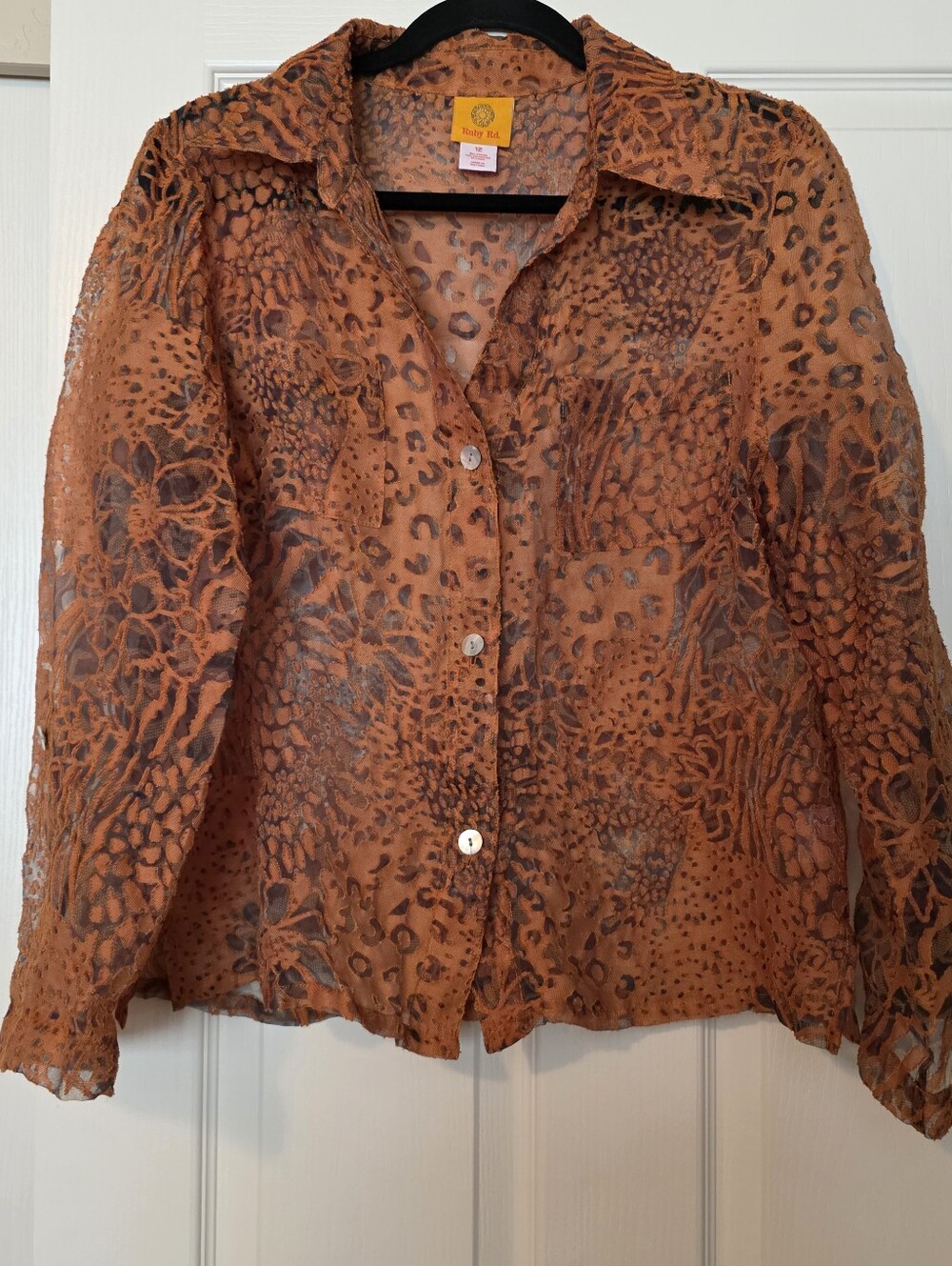 Ruby Rd. Orange Animal-Print Sheer Button-Down Adj.long-sleeve Blouse Sz12